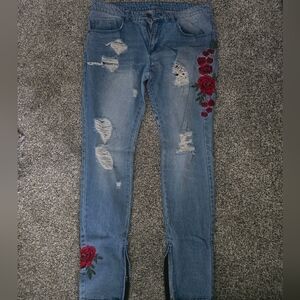 Young & Reckless - Embroidered Blue Jeans with Red Rose Accents